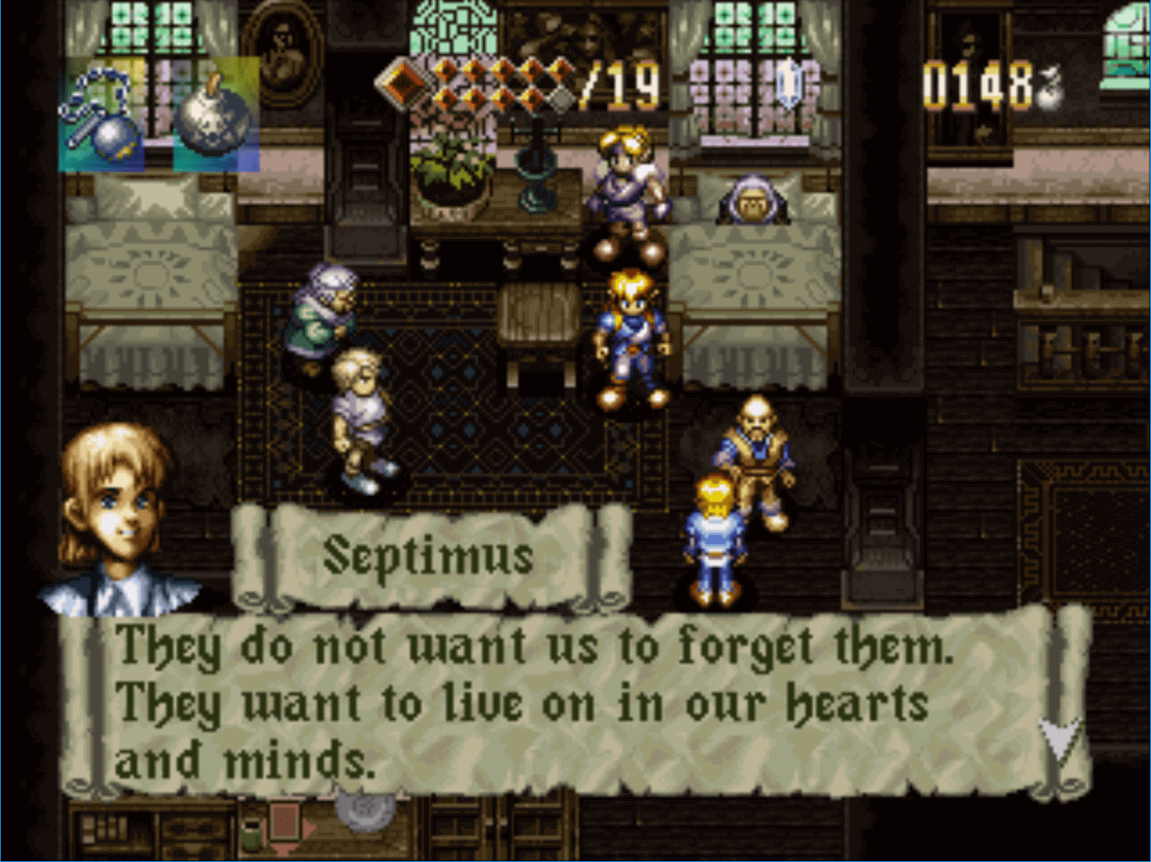 Capture d'écran d'un dialogue entre Alundra et Septimus entourés des autres villageois
