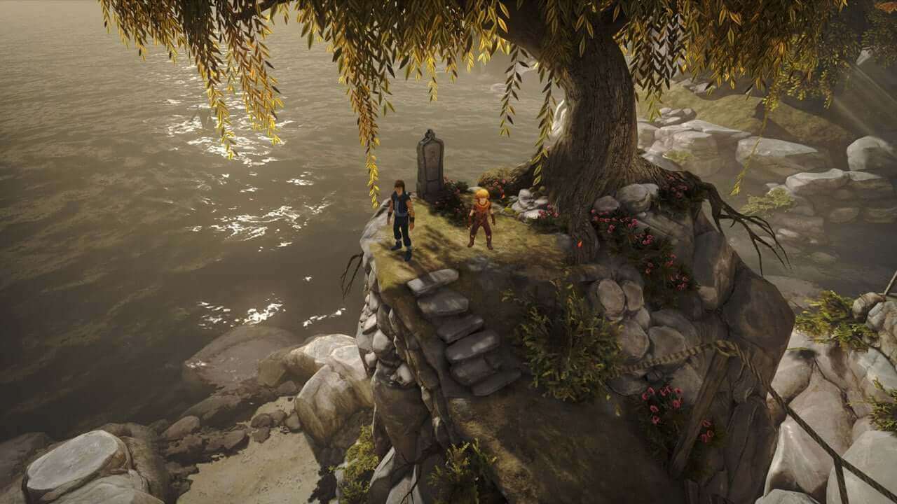 Capture d'écran des deux frères devant la tombe de leur mère, dans le village au début du jeu