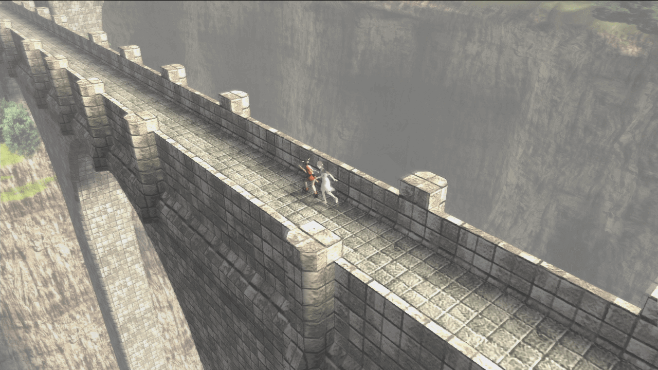 Capture d'écran du jeu montrant Ico et Yorda en train de courir sur un pont